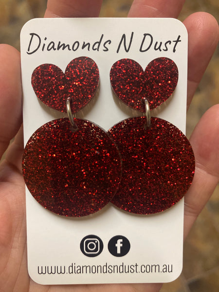 Red Glitter Heart Dangle Earrings
